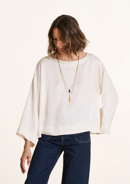 Top blanc ELTON ample en satin manches longues