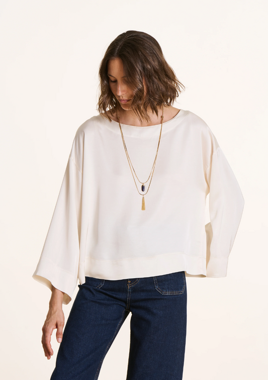 Top blanc ELTON ample en satin manches longues