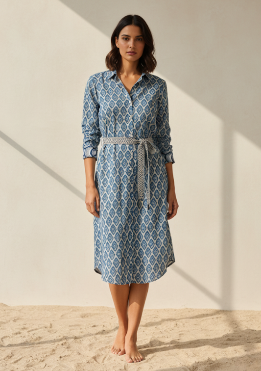 Robe chemise BRENDA en coton imprimé losange bleu à ceinture