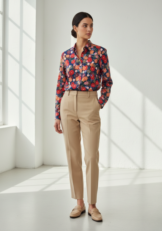 Mannequin portant une chemise cintrée en coton imprimé fleuri avec pantalon beige.
MARISOL - Numérologie