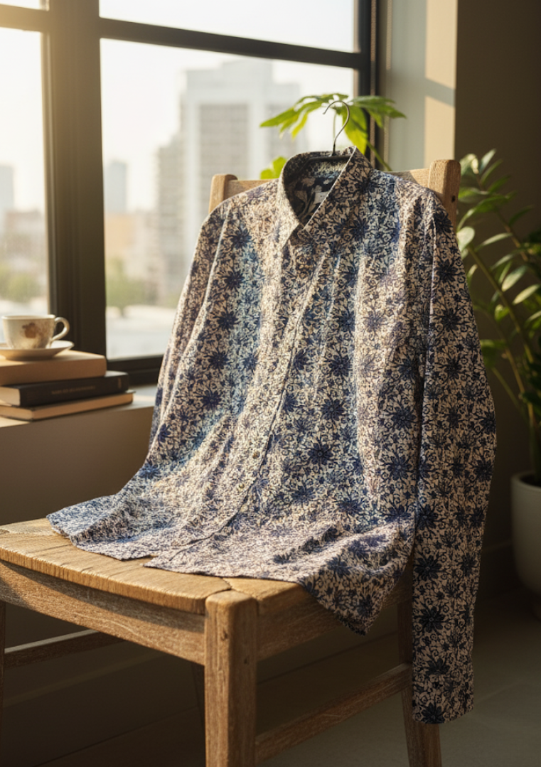 Chemise à motifs floraux bleus posée sur une chaise en bois près d’une fenêtre ensoleillée
Numérologie