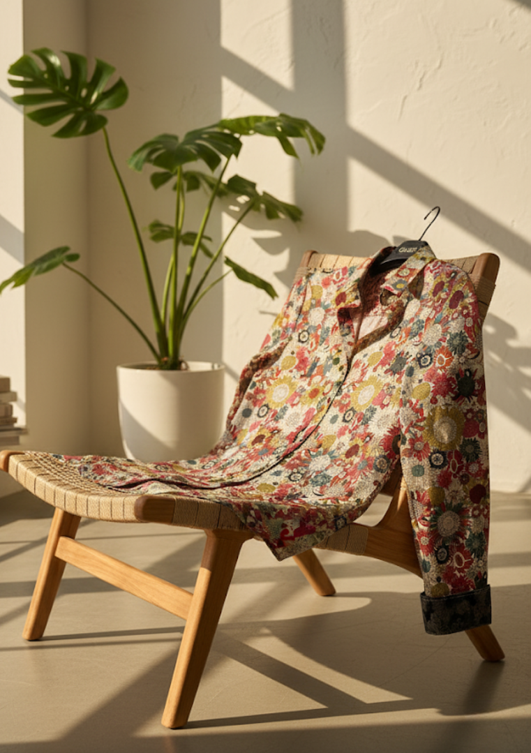 Chemise en coton à imprimé floral coloré posée sur une chaise en bois, éclairée par la lumière naturelle.
SUZANNE - Numérologie