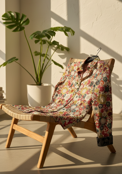Chemise en coton à imprimé floral coloré posée sur une chaise en bois, éclairée par la lumière naturelle.
SUZANNE - Numérologie