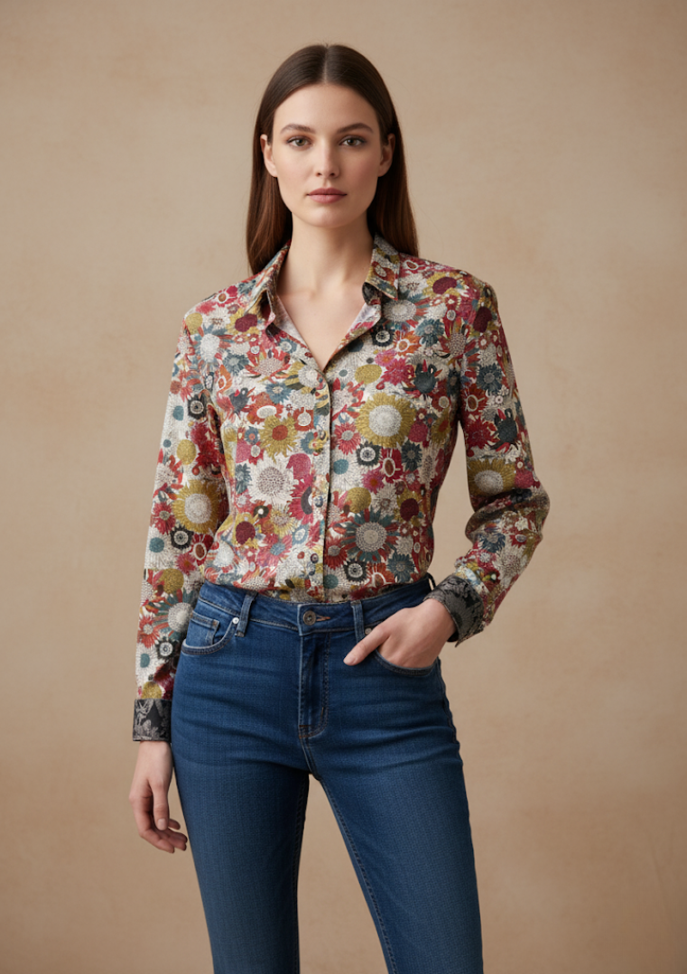 Femme portant une chemise en coton à motifs floraux multicolores, associée à un jean slim bleu.
SUZANNE - Numerologie