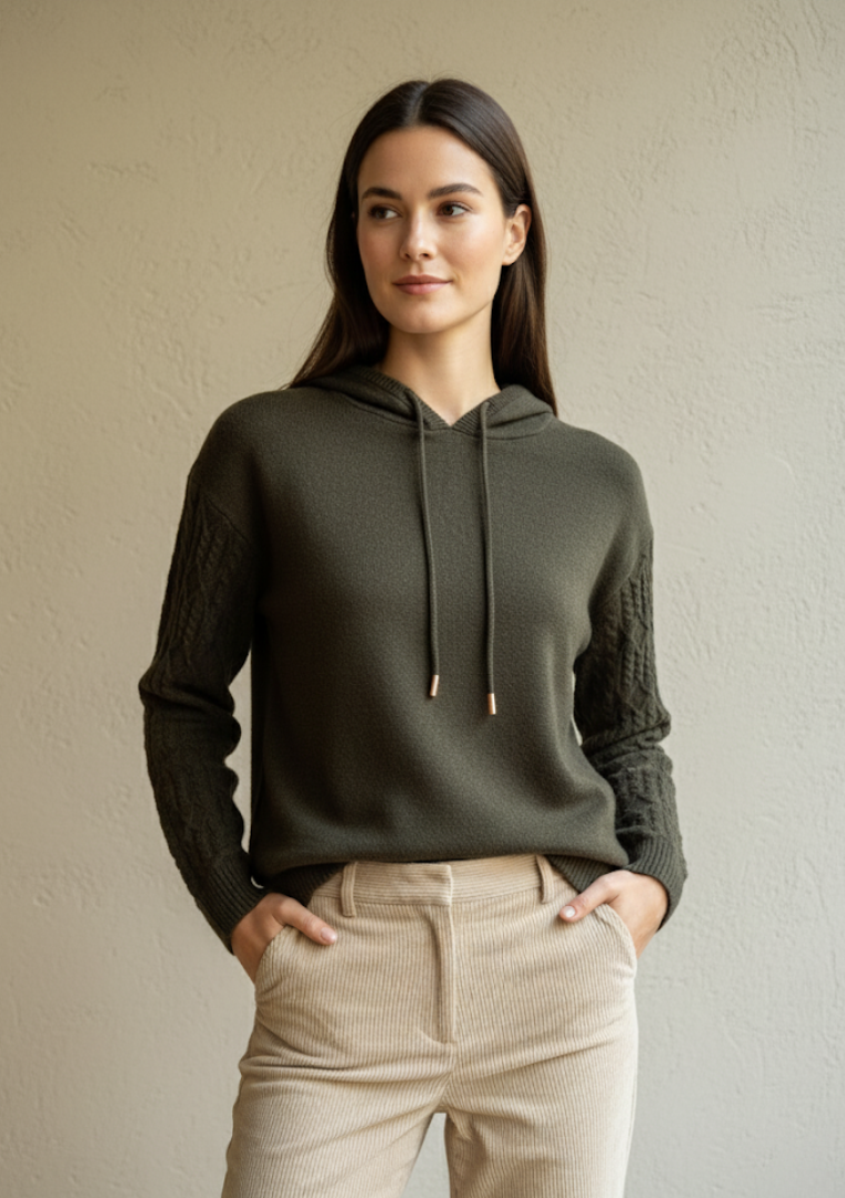 Pull à capuche kaki en maille fine – modèle P-BLOSSOM