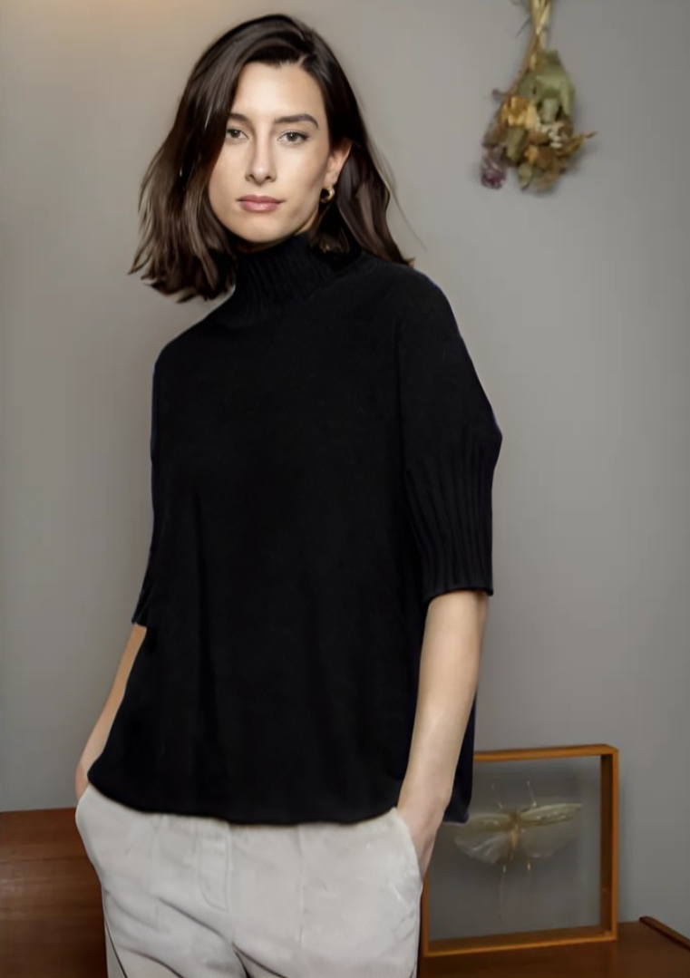 Pull col montant manche courte côtelé, coloris noir, O'MER - modèle OM010G